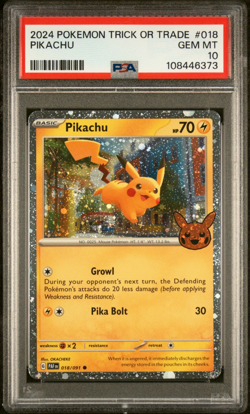 PSA 10 GEM 2024 Pokemon Trick or Trade Pikachu Foil Card 018/091 - Image 1
