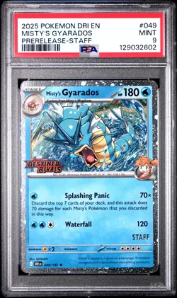 2025 POKEMON DRI EN-DESTINED RIVALS PRERELEASE-STAFF #049 MISTY'S GYARADOS PSA 9 - Image 1