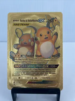 Raichu & AlolanRaichu GX Tag Team Metal Gold Foil Pokemon Card Fan Art Card ￼ - Image 1