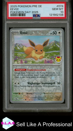 EEVEE POKEMON DAY 2025 POKEMON GER PRE DE-PRISMATIC EVOLUTIONS 2025 074 PSA 10 - Image 1