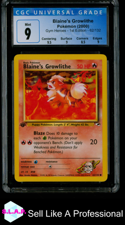 BLAINE'S GROWLITHE 1ST EDITION POKEMON 62 2000 GYM HEROS NON HOLO ENGLISCH CGC 9 - Image 1
