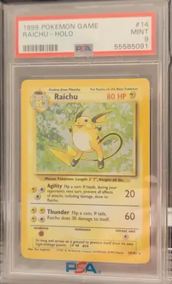 PSA 9 Raichu 14/102 Base Set Holo Foil 1999 Pokemon Card Vintage WOTC MINT - Image 1