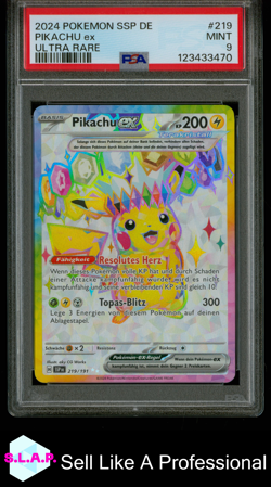 PIKACHU EX ULTRA RARE POKEMON GERMAN SSP DE-SURGING SPARKS 2024 219 PSA 9 - Image 1
