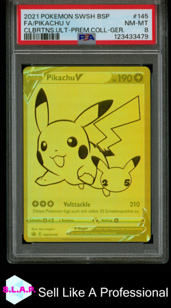 FA/PIKACHU V CLBRTNS.ULT-PREM.COLL-GER. POKEMON SWSH BLCK STR PRM 2021 145 PSA 8 - Image 1