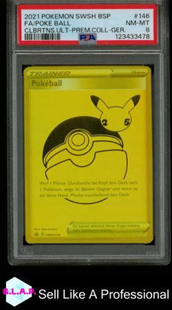 FA/POKE BALL CLBRTNS.ULT-PREM.COLL-GER. POKEMON SWSH BLCK STR PRM 2021 146 PSA 8 - Image 1