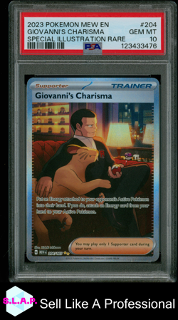 GIOVANNI'S CHARISMA SPECI4L ILLUSTRATION RARE POKEMON MEW EN-151 2023 204 PSA 10 - Image 1