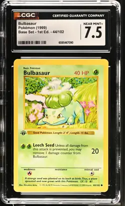 CGC 7.5 Bulbasaur 1999 Base Set 1st Edition Shadowless 44/102 Pokemon Card - Image 1