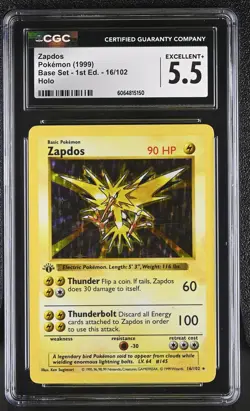 CGC 5.5 Zapdos 1999 Base Set 1st Edition Shadowless 16/102 Holo Pokemon Card - Image 1