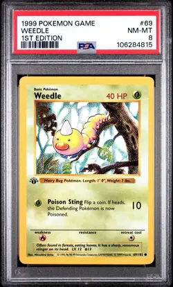 PSA 8 - Pokemon Card - Base 69/102 - WEEDLE (common) *1st Edition* - NM-MT - Image 1