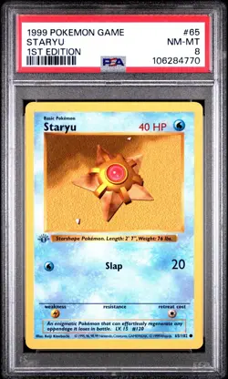 Pokemon 1ST EDITION SHADOWLESS Staryu #65/102 - 1999 Base Set - PSA 8 NM-MT! - Image 1