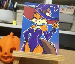 Hand Painted Altered Art Mtg land card Anime Island Girl Fox - Image 1