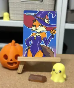 Hand Painted Altered Art Mtg land card Anime Island Girl Fox - Image 4