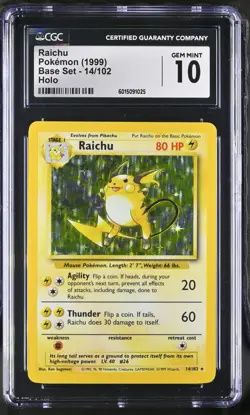 Raichu 14/102 Base Set Holo Rare CGC 10 GEM MINT Vintage WOTC Pokemon Card 1999 - Image 1