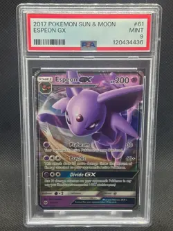 2017 PSA 9 MINT POKEMON TCG CARD SUN & MOON BASE SET 61/149 ESPEON GX ULTRA RARE - Image 1