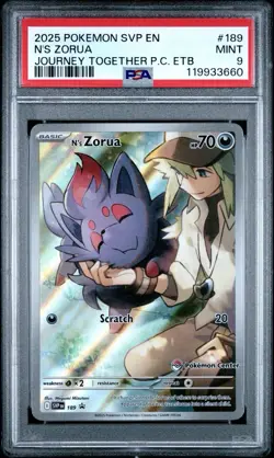 2025 POKEMON SVP JOURNEY TOGETHER POKEMON CENTER ETB PROMO #189 N'S ZORUA PSA 9 - Image 1