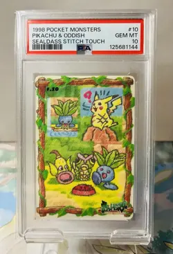PSA 10 Pikachu & Oddish Sealdass Stitch Touch Japanese Pokemon (1998) - Image 1
