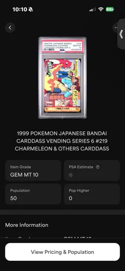 POP 50! 1999 POKEMON JPN BANDAI CARDDASS VENDING 6 219 CHARMELEON OTHERS PSA 10 - Image 3