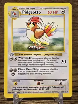 Pokemon TCG Pidgeotto 1st Edition Shadowless Regular Card 022/102 Base Set Rare - Image 1