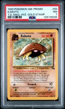 1999 POKEMON GAME PROMO TOP DECK MAGAZINE W/WIZARDS GOLD STAMP #50 KABUTO PSA 7 - Image 1