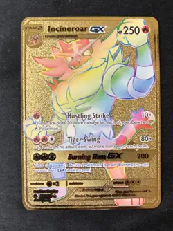 Pokemon Incineroar GX HP 250 Gold Metal Rainbow Fan Art Card. - Image 1