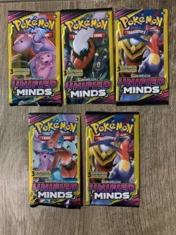 Pokemon Sun & Moon Unified Minds | 3 Card Mini Booster (5) Packs Factory Sealed - Image 1