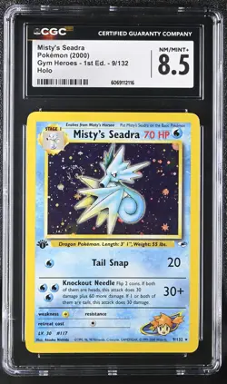 CGC 8.5 Misty's Seadra Gym Heroes 1st Edition 9/132 Holo SWIRL Pokemon Card - Image 1