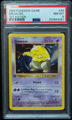 1st Edition Shadowless Drowzee 49/102 Base Set Pokemon Card PSA 8 - Image 1