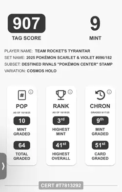 2025 POKEMON DESTINED RIVALS POKEMON CENTER #096 TEAM ROCKET'S TYRANITAR TAG 9 - Image 5