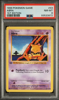 1999 POKEMON BASE SET 1ST EDITION #43 ABRA PSA 8 - Image 1