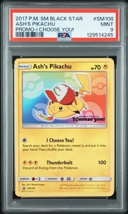 PSA 9 ASH'S PIKACHU SM108 BLACK STAR PROMO SUN & MOON POKEMON MINT - Image 1