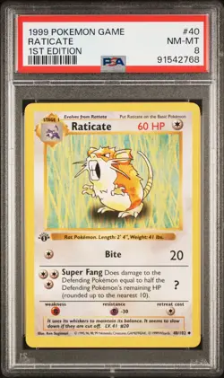 Pokemon TCG - Raticate 40/102 - 1st Edition - Shadowless Base Set [PSA 8 NM-MT] - Image 1