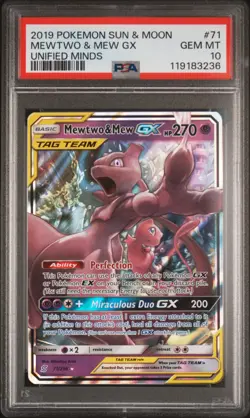 2019 POKEMON SUN & MOON UNIFIED MINDS #71 MEWTWO & MEW GX PSA 10 - Image 1
