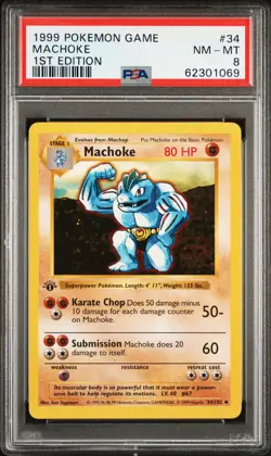 1999 POKEMON GAME 1ST ED #34 MACHOKE PSA 8 - Image 1