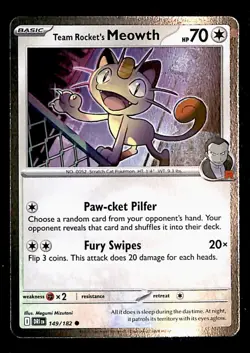 Team Rockets Meowth Cosmos Holo Destined Rivals 149/182, NM Pokemon Card - Image 1