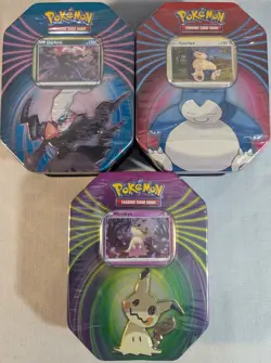 Sealed Pokemon TCG's Mighty Mysterious 2021 Mimikyu Snorlax Darkrai Tins Set 3 - Image 1