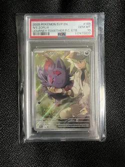 2025 POKEMON JOURNEY TOGETHER POKEMON CENTER ETB SVP PROMO #189 N'S ZORUA PSA 10 - Image 1