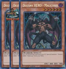 Yugioh! 3x Destiny HERO - Malicious RA03-EN001 Secret Rare 1st Ed NM - Image 1