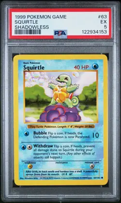 1999 POKEMON GAME SHADOWLESS #63 SQUIRTLE PSA 5 - Image 1