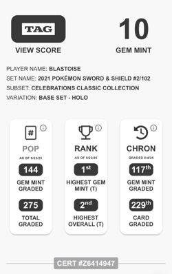 Pokemon TCG Blastoise 2/102 Celebrations 25th Classic TAG 10 Gem Mint Card PSA - Image 4