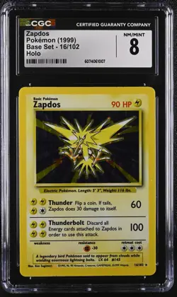 CGC 8 Zapdos 1999 Base Set 16/102 Holo Pokemon Card - Image 1