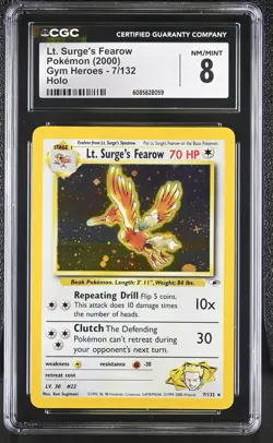 CGC 8 Lt. Surge's Fearow 2000 Gym Heroes 7/132 Holo Pokemon Card - Image 1