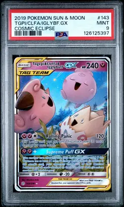 2019 POKEMON SUN & MOON COSMIC ECLIPSE #143 TOGEPI & CLEFFA & IGGLYBUFF GX PSA 9 - Image 1