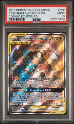 2019 Pokemon Sun & Moon Cosmic Eclipse #222 Full Art/Reshiram & Zekrom GX PSA 9 - Image 1