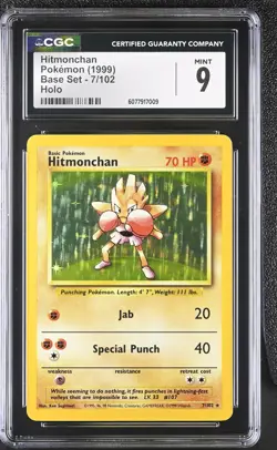 CGC 9 MINT Hitmonchan 1999 Base Set 7/102 Holo Pokemon Card - Image 1