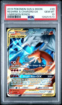 2019 POKEMON SUN & MOON UNBROKEN BONDS #20 RESHIRAM & CHARIZARD GX PSA 10 - Image 1