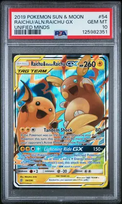 2019 POKEMON SUN & MOON UNIFIED MINDS #54 RAICHU & ALOLAN RAICHU GX PSA 10 - Image 1