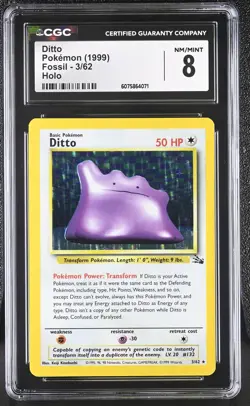 CGC 8 Ditto 1999 Fossil 3/62 Holo Pokemon Card - Image 1