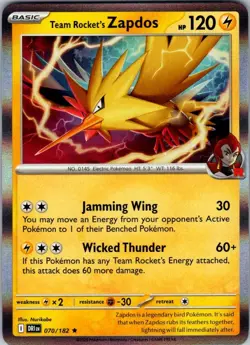 Team Rocket's Zapdos 70/182 Holo Destined Rivals -Near Mint- Pokemon TCG - Image 1