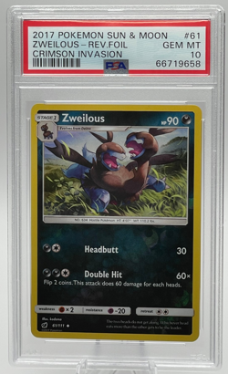 2017 POKEMON SUN & MOON CRIMSON INVASION #61 ZWEILOUS REVERSE FOIL PSA 10 GEM MT - Image 1