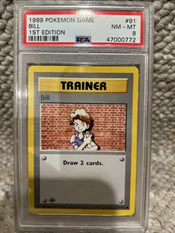 PSA 8 MINT POKEMON 1999 1ST EDITION BASE SET SHADOWLESS BILL TRAINER CARD #91 - Image 1